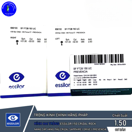 Tròng Kính Hai Tròng Essilor 1.50 Crizal Rock Đặt Đánh Chính Hãng