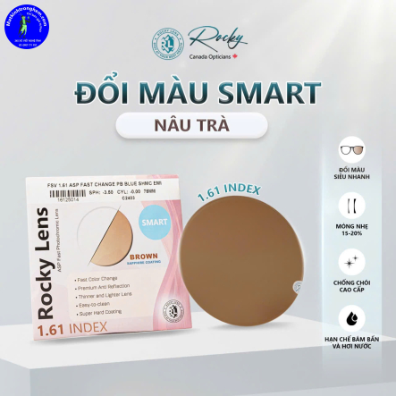 TRÒNG KÍNH ĐỔI MÀU LỌC ÁNH SÁNG XANH CHIẾT SUẤT 1.61 ROCKY SMART, ĐỔI MÀU TRÀ