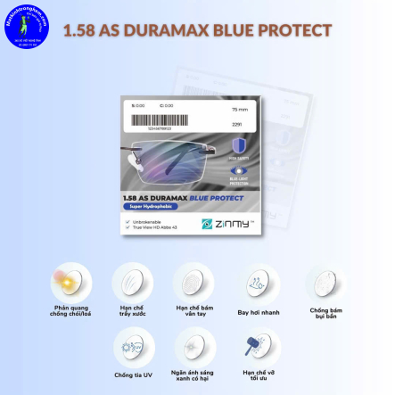 TRÒNG KÍNH HẠN CHẾ VỠ TỐI ƯU ZINMY 1.58AS DURAMAX BLUE PROTECT SHMC CHÍNH HÃNG