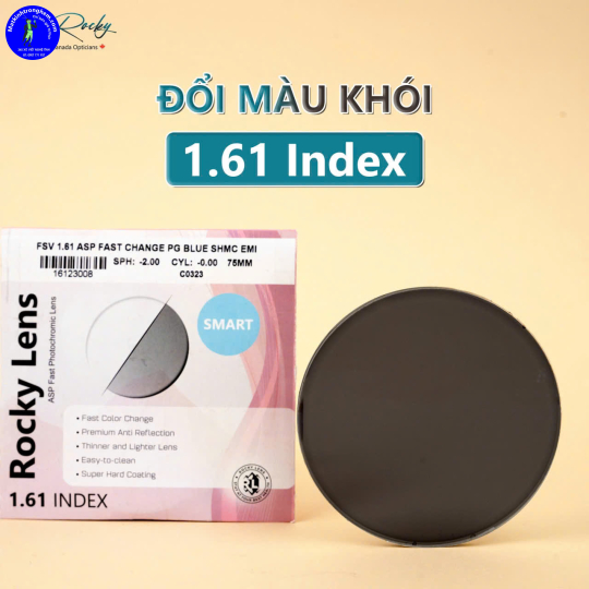 Tròng kính đổi màu ánh sáng xanh 1.61 Rocky smart đổi màu khói