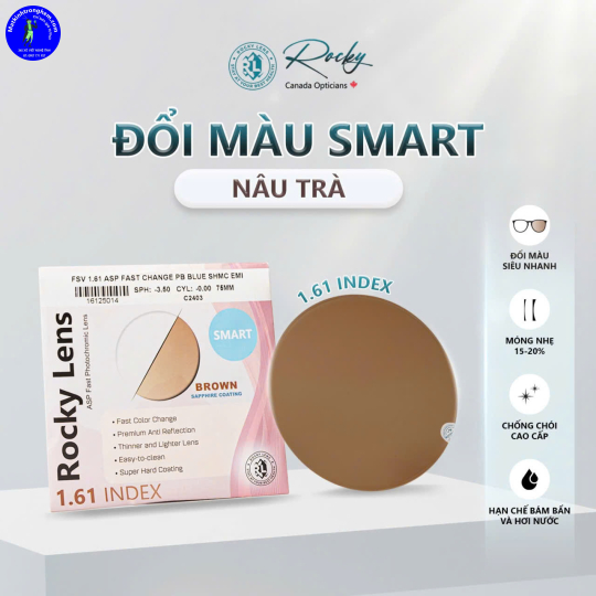 TRÒNG KÍNH ĐỔI MÀU LỌC ÁNH SÁNG XANH CHIẾT SUẤT 1.61 ROCKY SMART, ĐỔI MÀU TRÀ