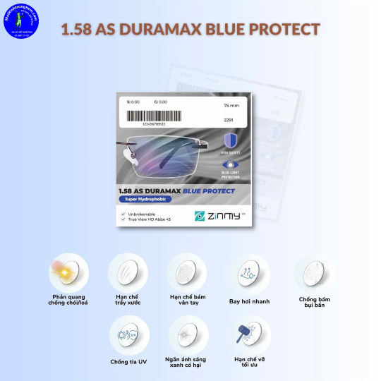 TRÒNG KÍNH HẠN CHẾ VỠ TỐI ƯU ZINMY 1.58AS DURAMAX BLUE PROTECT SHMC CHÍNH HÃNG
